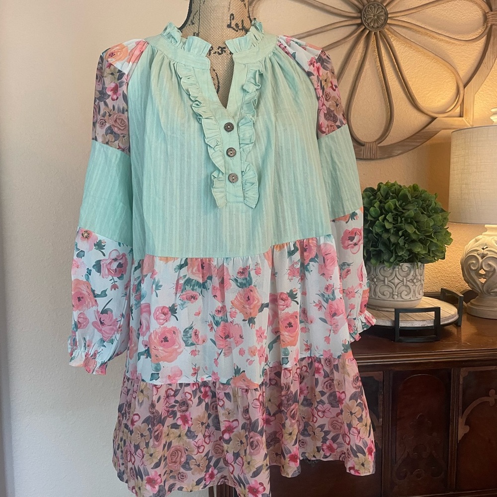 Floral Tiered Mini Dress in Mint and Pink